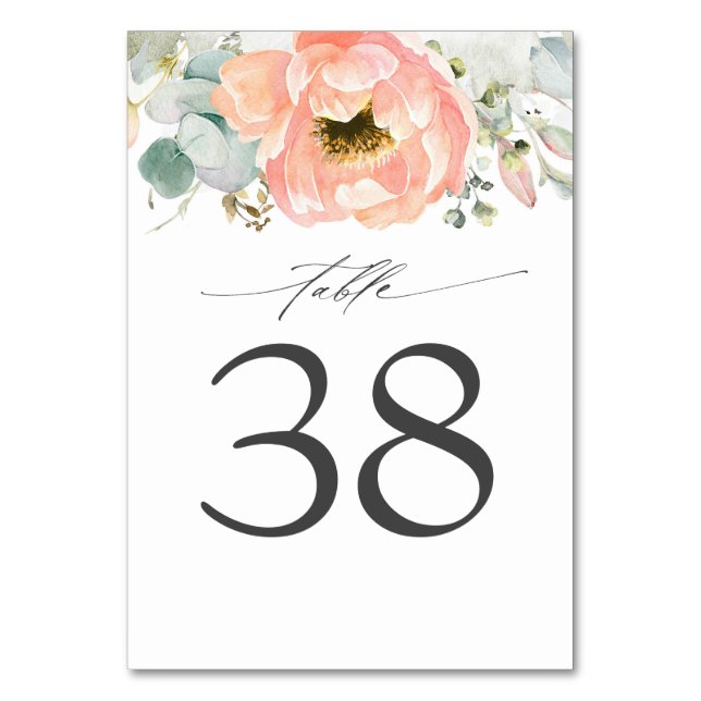 Peach Floral Wedding Tischnummer Cards (Vorderseite)