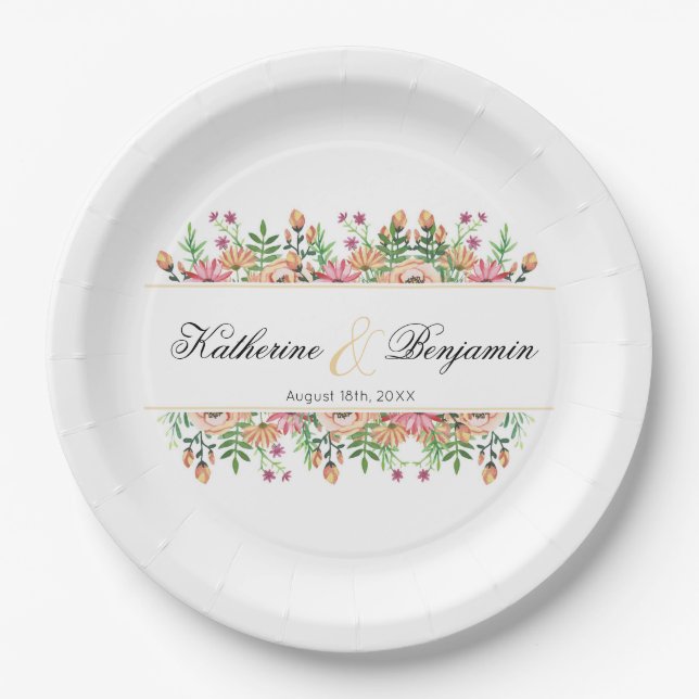 Peach Floral Wedding with name Pappteller (Vorderseite)
