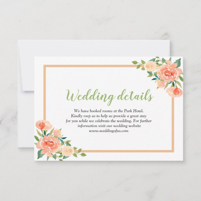 Peach Florals Border | Angaben zur Hochzeit Einladung (Vorderseite)