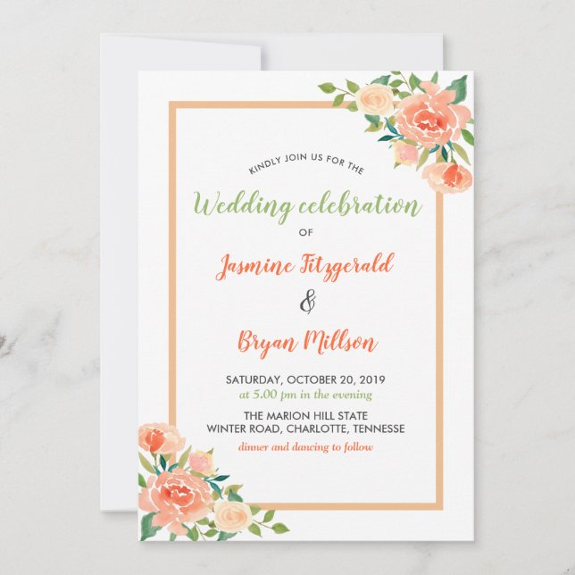 Peach Florals Border | Hochzeit Einladung (Vorderseite)