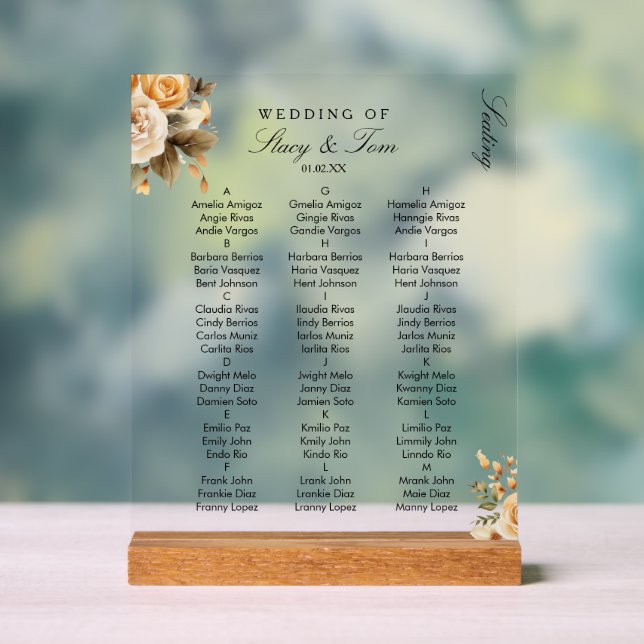 Peach Florals Elegante Hochzeitssitze Acrylschild (Neutral)