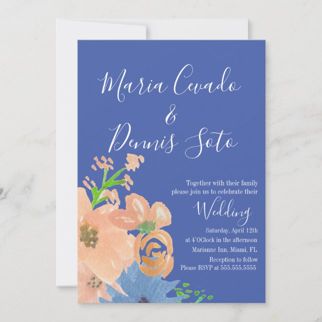 Peach Florals Script WedBold Watercolor Einladung (Vorderseite)