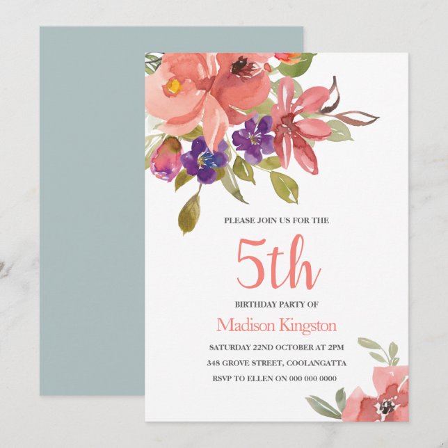 Peach Flowers Enfants Anniversaire Invitation (Devant / Derrière)