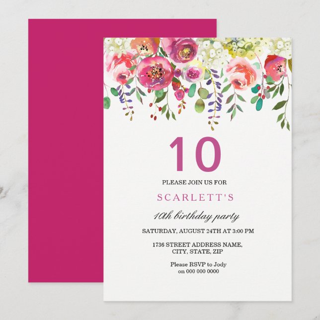 Peach Flowers rose 10th Birthday Party Invitation (Devant / Derrière)