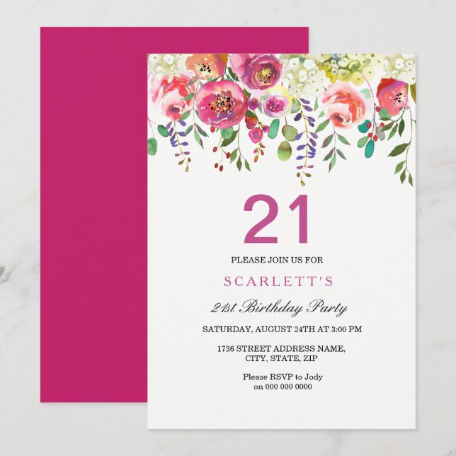Peach Flowers rose 21ème anniversaire Invitation (Devant / Derrière)