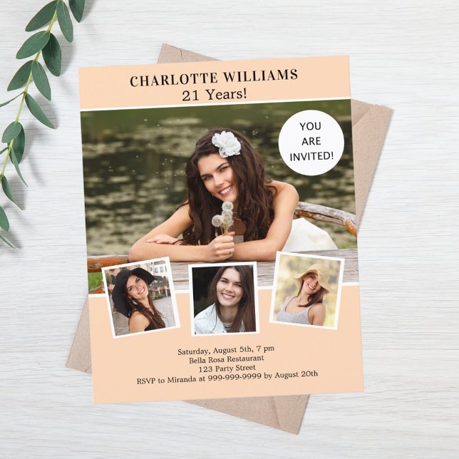 Peach Foto Collage Geburtstagseinladung (Von Creator hochgeladen)