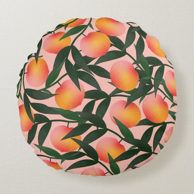 Peach Fruit Pink Hintergrund Muster. Rundes Kissen (Vorderseite)