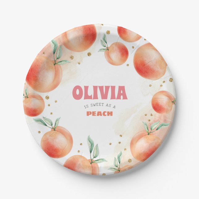 Peach Fruits and Gold Confetti Sweet Niedliche Geb Pappteller (Vorderseite)