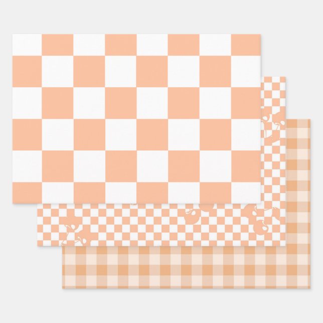 Peach Fuzz Checkered Gingham Pattern Geschenkpapier Set (Set)