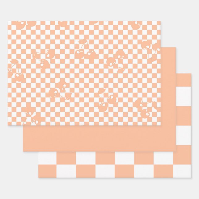 Peach Fuzz Cherry Gingham Pattern Geschenkpapier Set (Set)