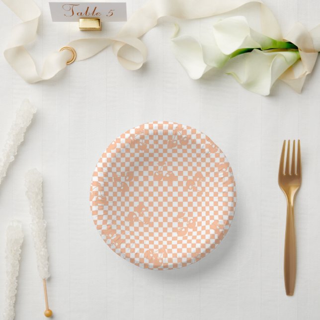 Peach Fuzz Cherry Gingham Pattern Pappteller (Hochzeit)