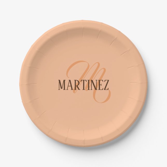 Peach Fuzz Eleganter Personalisierter Name Pappteller (Vorderseite)
