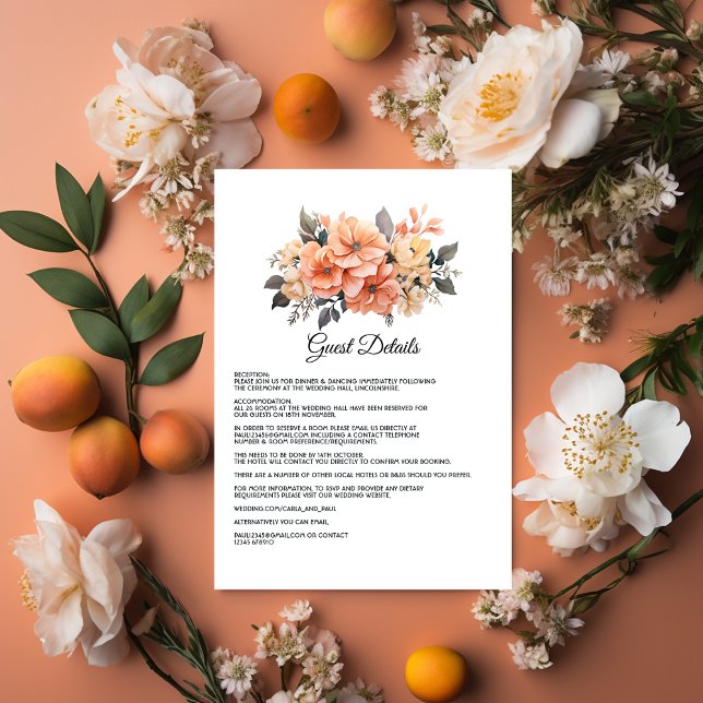 Peach Fuzz Floral Wedding Guest Details Begleitkarte (Peach Fuzz Wedding Cover)