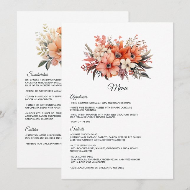 Peach Fuzz Floral Wedding Menükarte (Vorne/Hinten)