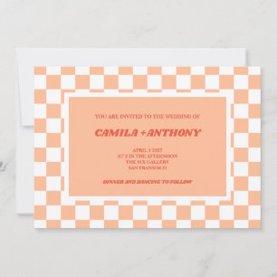 Peach Fuzz Red Checkered Gingham Pattern Wedding Einladung