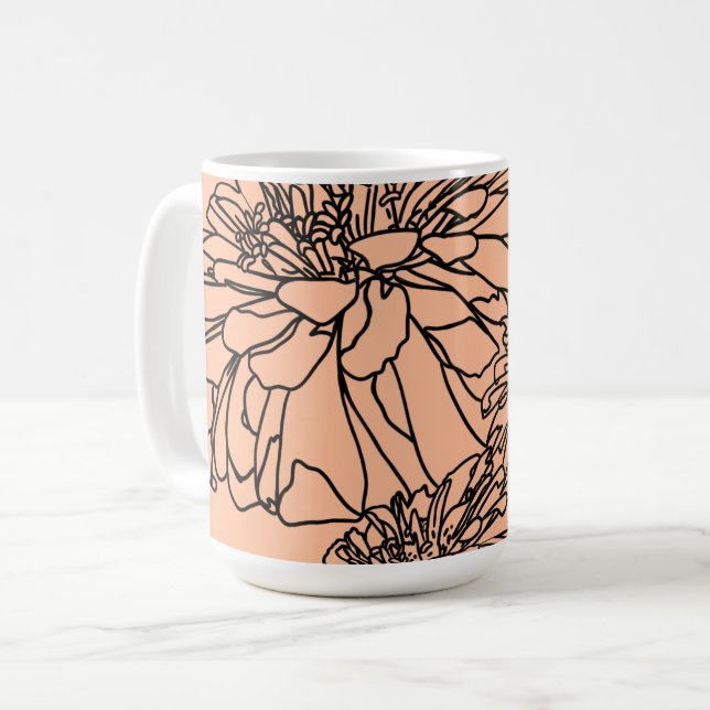 Peach fuzz Schwarze Linie Blütenblätter zeichnend Kaffeetasse (Vorderseite Links)