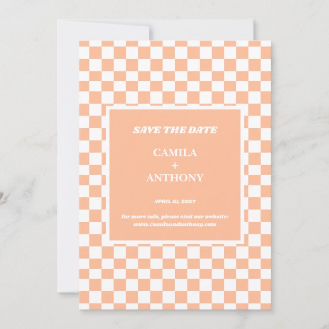 Peach Fuzz White Checkered Gingham Pattern Save The Date (Vorderseite)