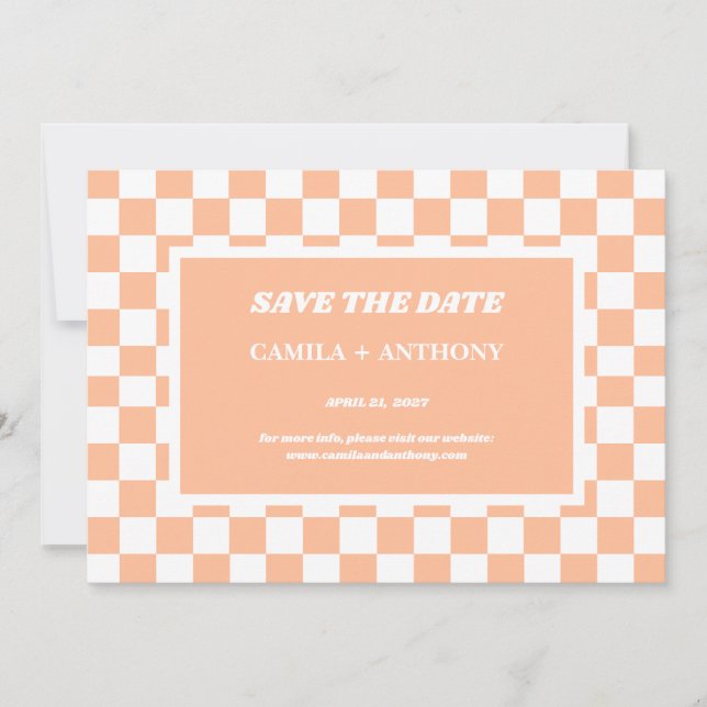 Peach Fuzz White Checkered Gingham Pattern Save The Date (Vorderseite)