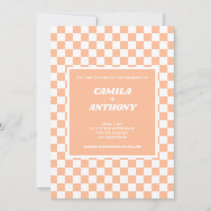 Peach Fuzz White Checkered Gingham Pattern Wedding Einladung