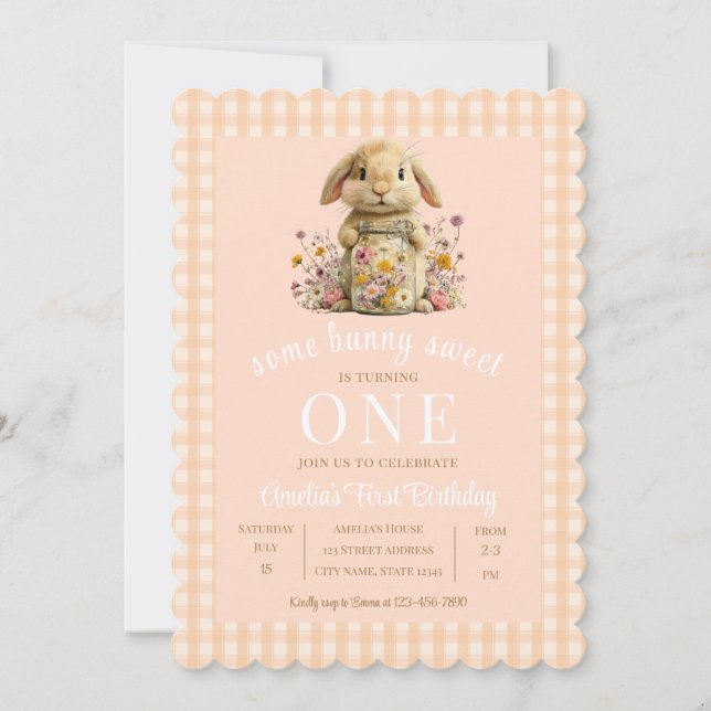 Peach Gingham Bunny 1st Birthday Invite Einladung (Vorderseite)