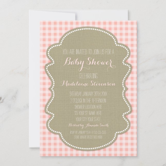 Peach Gingham Burlap Baby Shower Einladungen (Rückseite)