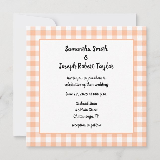 Peach Gingham Country Wedding Einladung (Vorderseite)
