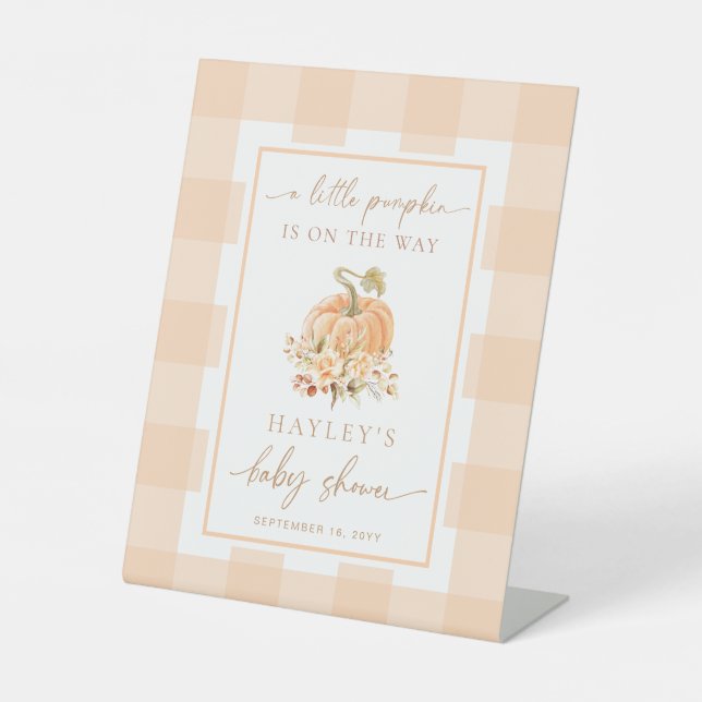 Peach Gingham Ein kleines Pumpkin Baby Dusche Will Sockelschild (Vorderseite)