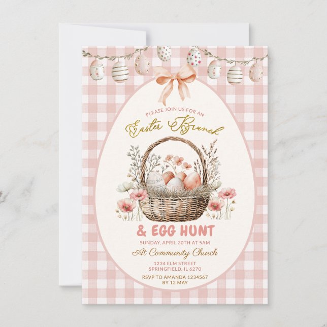 Peach Gingham Floral Easter Brunch and Egg Hunt Einladung (Vorderseite)