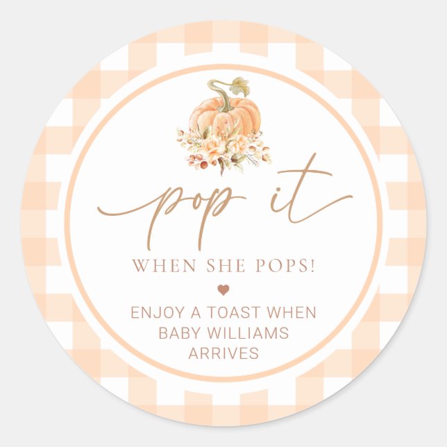 Peach Gingham Pumpkin Pop It, wenn sie Pop Runder Aufkleber (Vorderseite)