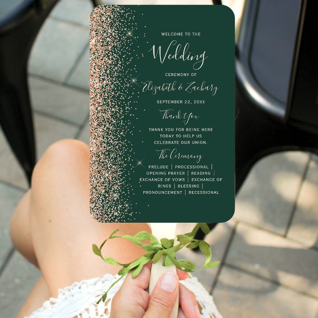 Peach Glitzer Edge Emerald Green Wedding Program Fächer (Von Creator hochgeladen)