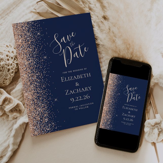 Peach Glitzern Edge Navy Blue Save the Date Ankündigung (Von Creator hochgeladen)