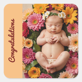 Peach Glückwunsch neuen Baby-Foto Quadratischer Aufkleber
