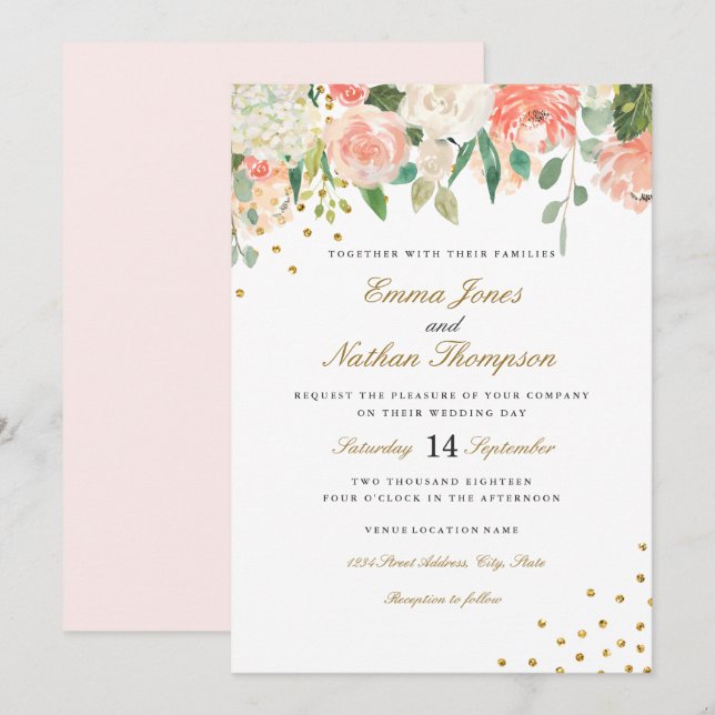 Peach Gold Aquarelle Florale Faire-part de mariage (Devant / Derrière)