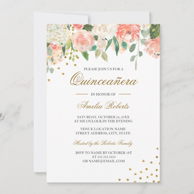 Peach Gold Aquarellfarben Blumenquinceanera Einladung (Vorderseite)