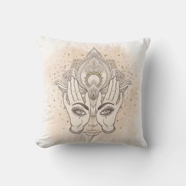 Peach & Gold Boho Lotus Blume Schönheit Kissen (Vorderseite)
