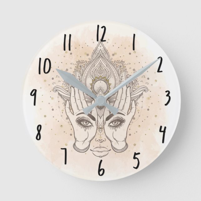 Peach & Gold Boho Lotus Blume Schönheit Runde Wanduhr (Vorderseite)
