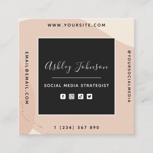 Peach Gold Boho Social Media QR Code Neutrale Crea Quadratische Visitenkarte (Vorderseite)