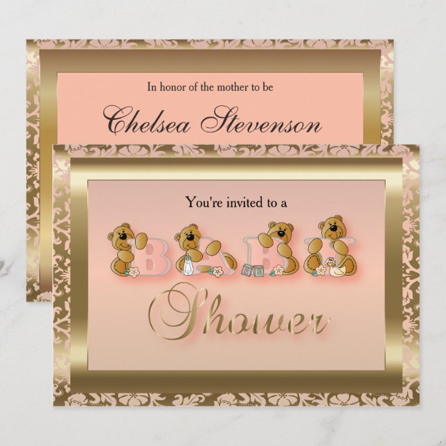 Peach & Gold Damask mit Teddy Bears | Babydusche Einladung (Vorne/Hinten)
