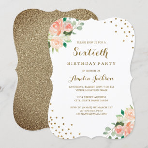 Peach Gold Floral Confetti 60. Geburtstagsparty Einladung