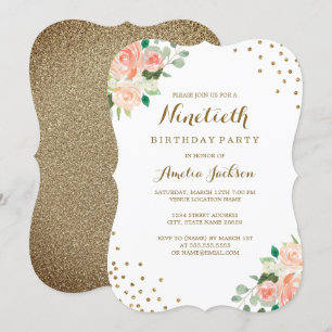 Peach Gold Floral Confetti 90. Geburtstagsparty Einladung