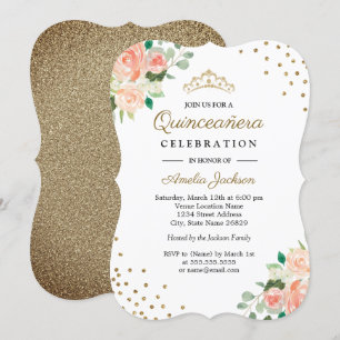 Peach Gold Floral Confetti Quinceanera Einladung