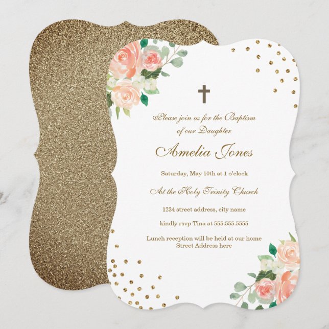 Peach Gold Floral Confetti Taufe Einladung (Vorne/Hinten)