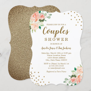 Peach Gold Floral Confetti Wedding Couples Dusche Einladung