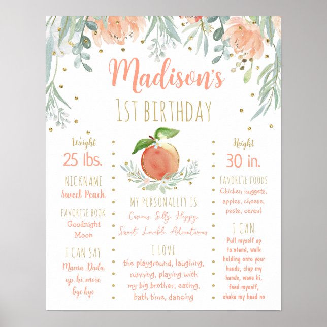 Peach Gold Floral Erster Geburtstag Meilenstein Poster (Vorne)