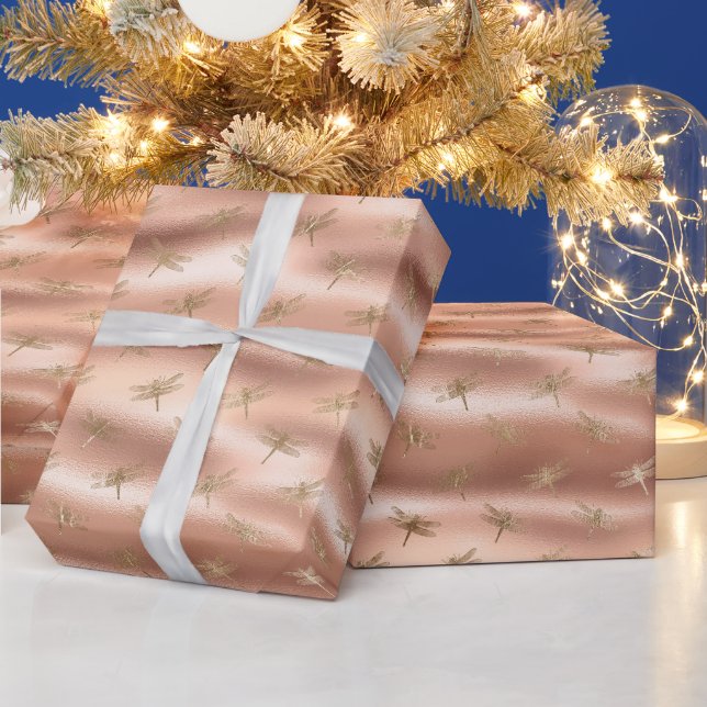 Peach Gold Glam Dragonflies Geschenkpapier (Feiertage)