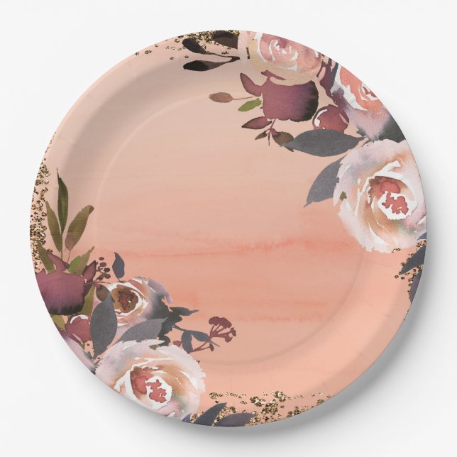 Peach & Gold Glitzer Blumenladen Modernes Brautpar Pappteller (Vorderseite)