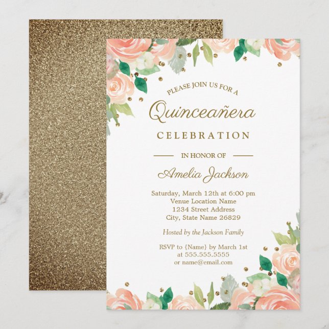 Peach Gold Glitzer Floral Quinceanera Einladung (Vorne/Hinten)