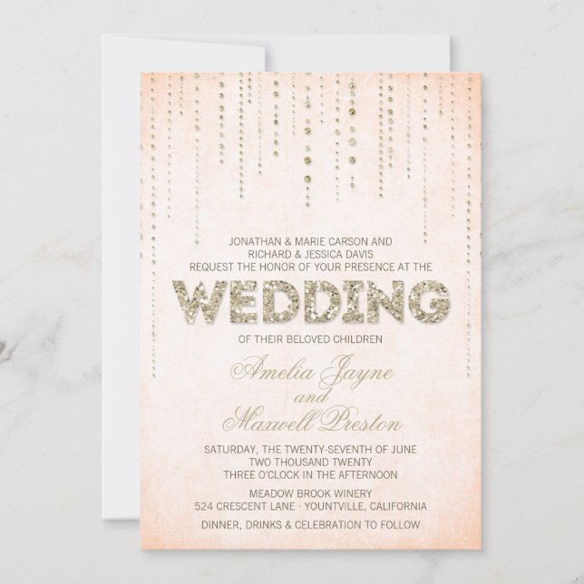 Peach & Gold Glitzer Look Hochzeit Einladung (Vorderseite)