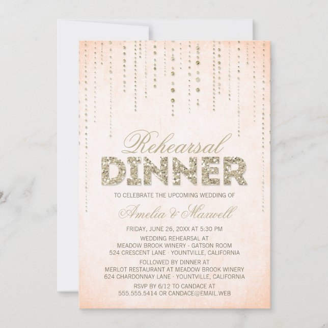 Peach & Gold Glitzer Look Probe Dinner einladen Einladung (Vorderseite)