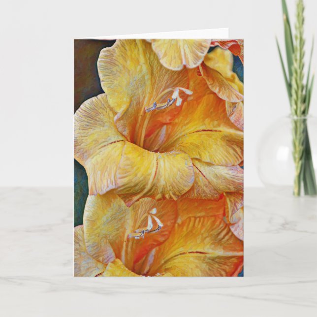 Peach Gold Künstlerisch Gladiolus Blume Note Card Karte (Vorderseite)